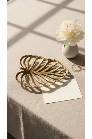 Gold Yaprak Desenli Dekoratif Metal Tepsi 29x25 cm Sehpa Kahve Sunum Tepsisi Ev Dekoru