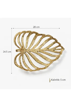 Gold Yaprak Desenli Dekoratif Metal Tepsi 29x25 cm Sehpa Kahve Sunum Tepsisi Ev Dekoru