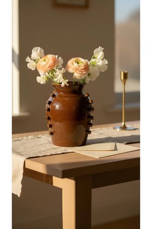 Kahverengi Çivi Desenli Terracotta Vazo Salon Konsol Sehpa Dekoru