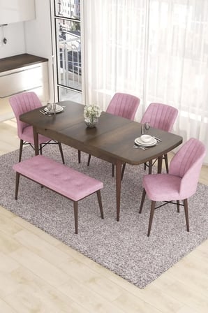 Eva Serisi 80x132 Açılabilir MDF Mutfak Masası Takımı Barok Desen Masa 4 Pembe Sandalye 1 Bench