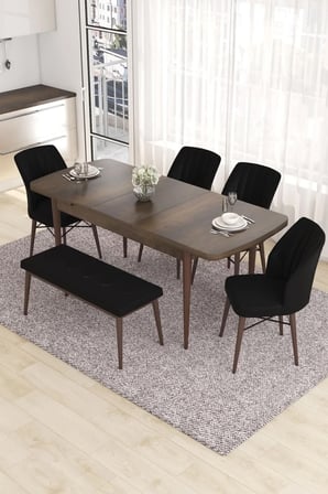 Eva Serisi 80x132 Açılabilir MDF Mutfak Masası Takımı Barok Desen Masa 4 Siyah Sandalye 1 Bench