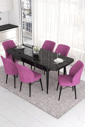 Eva Serisi 80x132 Açılabilir Mdf Mutfak Masası Takımı Siyah Mermer Desen 6 Mor Sandalye