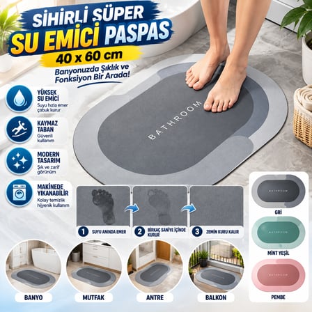 Bezos Sihirli Süper Su Emici Kaymaz Tabanlı Oval Paspas 40*60 cm EVCEM