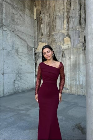 Bezos Asimetrik Taş Abiye Yaka Elbise Maxi Detaylı · Renk: Siyah · Beden: L EVCEM