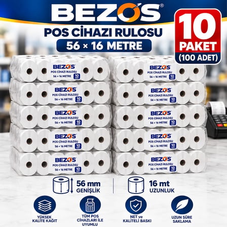 Bezos Termal POS Cihazı Rulosu 56 mm x 16 m - 100 Adet (10 Paket) Yazar Kasa Slip Rulosu EVCEM