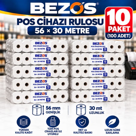 Bezos Termal POS Cihazı Rulosu 56 mm x 30 m - 100 Adet (10 Paket) Yazar Kasa Slip Rulosu EVCEM