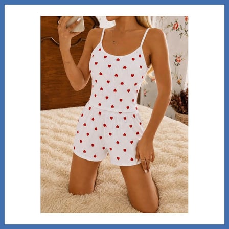 Bezos Kadın Beyaz Kalp Desenli Yumuşak Askılı Şortlu Pijama Takımı 5263 · BEDEN: L/XL · RENK: Beyaz EVCEM