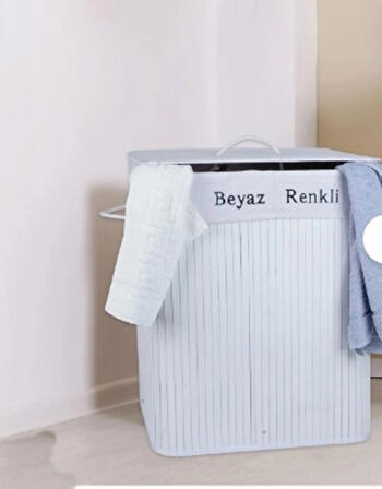 Bambu Çift Hazneli Çamaşır Sepeti - Beyaz