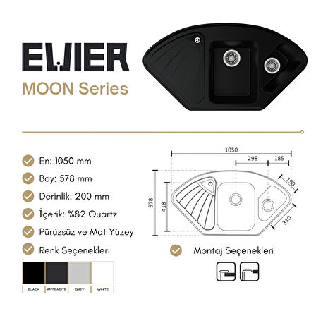 Granit Eviye MOON Series Antrasite (ANTRASİT) (Köşe Model)