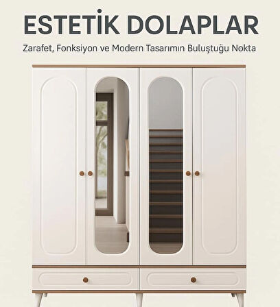 EVİMŞAH BOHEM 4 KAPAKLI AYNALI MEMBRAN CEVİZ / BEYAZ DOLAP