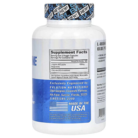 Evlution L-Arginine(Arjinin) AKG Nitric Oxide 1000mg 120 Veggie Caps