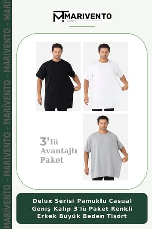 Delux Serisi Pamuklu Casual Geniş Kalıp 3'lü Paket Renkli Erkek Büyük Beden Tişört