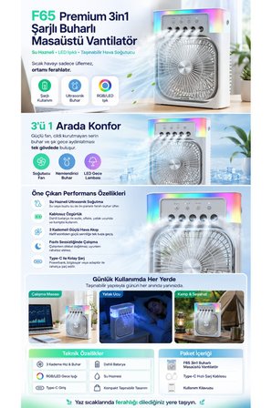 3in1 Masaüstü Fan 3 kademeli Ferah Nemlendirici Buharlı Rgb Aydınlatmalı Vantilatör