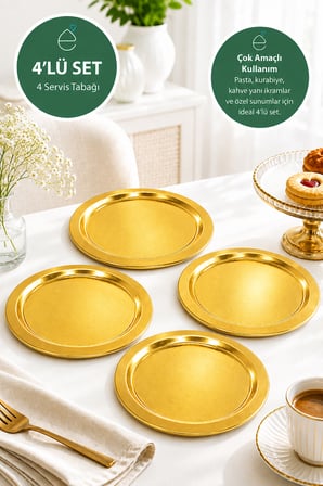 4'lü Gold Sunum Tepsisi Seti | Altın Renk Yuvarlak Pasta, Kurabiye ve İkramlık Servis Tepsisi