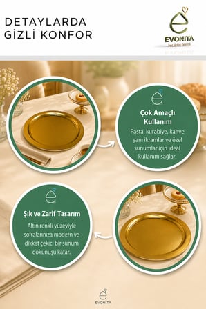 4'lü Gold Sunum Tepsisi Seti | Altın Renk Yuvarlak Pasta, Kurabiye ve İkramlık Servis Tepsisi
