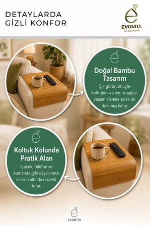 Evonita Bambu Koltuk Kolu Sehpası Bardaklıklı Kumandalıklı Kolçak Tepsisi Katlanabilir Organizer