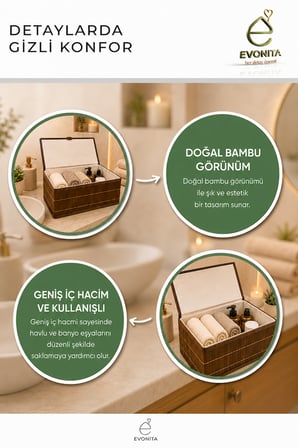 Evonita Kapaklı Bambu Görünümlü Saklama Kutusu Büyük Boy Düzenleyici Organizer Sepet Banyo Dolap Raf Düzeni