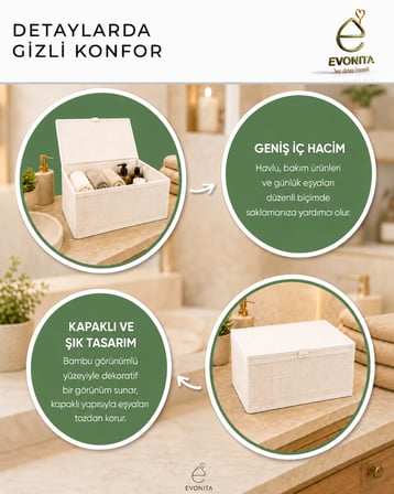 Evonita Kapaklı Bambu Görünümlü Saklama Kutusu Büyük Boy Düzenleyici Organizer Sepet Banyo Dolap Raf Düzeni