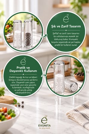 EVONITA 2’li Cam Tuzluk Biberlik Seti Şeffaf Desenli Cam Baharatlık Delikli Kapaklı Sofra Tuzluğu