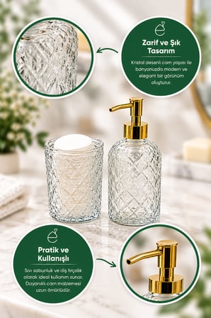 EVONITA 2’li Kristal Desenli Cam Banyo Seti Altın Pompalı Sıvı Sabunluk ve Diş Fırçalık Organizer