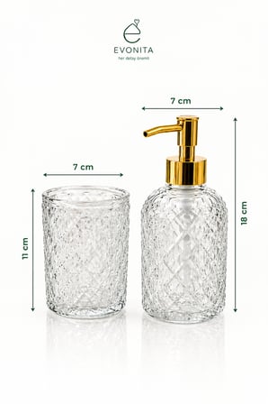 EVONITA 2’li Kristal Desenli Cam Banyo Seti Altın Pompalı Sıvı Sabunluk ve Diş Fırçalık Organizer