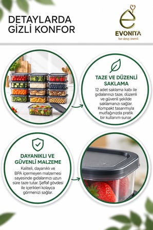 EVONITA 12’li Saklama Kabı Seti – Kapaklı Şeffaf Gıda Saklama Kabı, Mutfak ve Buzdolabı Düzenleyici Set