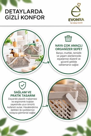 EVONITA Naya 2’li Çok Amaçlı Organizer Sepet Seti – Kulplu Banyo, Mutfak ve Temizlik Düzenleyici Sepet