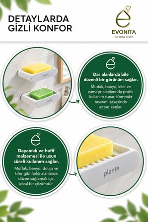 EVONITA 2’li Duvara Monte Sabunluk – Delikli Su Tahliyeli Banyo Duş Mutfak Sabunluk Organizer Beyaz
