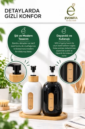 EVONITA 2’li 500 ml Bambu Detaylı Sıvı Sabunluk ve Deterjanlık Seti – Siyah Beyaz Pompalı Dispenser Bambu Standlı
