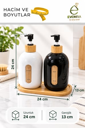 EVONITA 2’li 500 ml Bambu Detaylı Sıvı Sabunluk ve Deterjanlık Seti – Siyah Beyaz Pompalı Dispenser Bambu Standlı