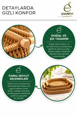 EVONITA Rattan Sunum Tepsisi – Hasır Görünümlü Kulplu Servis Sepeti Kahvaltılık Ekmeklik Meyvelik Dekoratif Tepsi