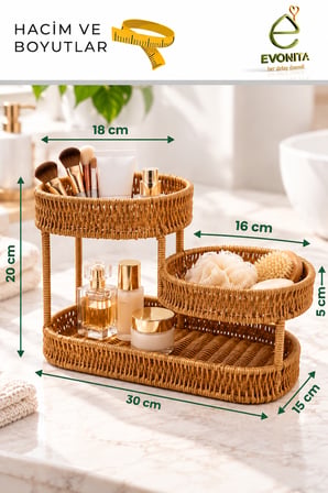 EVONITA Rattan EVONITA 3 Katlı Rattan Organizer – Hasır Görünümlü Banyo Mutfak Makyaj Kozmetik Düzenleyici Çok Amaçlı SepetTepsisi – Hasır Görünümlü Kulplu Servis Sepeti Kahvaltılık Ekmeklik Meyvelik Dekoratif Tepsi