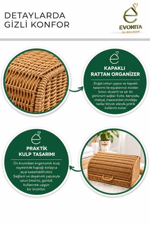 EVONITA Kapaklı Rattan Organizer Sepet – Hasır Görünümlü Çok Amaçlı Banyo Makyaj Kozmetik Düzenleyici Saklama Kutusu