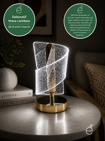 EVONITA Dekoratif LED Masa Lambası – Spiral Tasarım Şeffaf Işıklı Abajur Gold Tabanlı Modern Gece Lambası