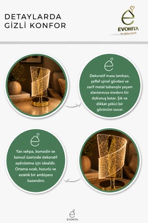 EVONITA Dekoratif LED Masa Lambası – Spiral Tasarım Şeffaf Işıklı Abajur Gold Tabanlı Modern Gece Lambası