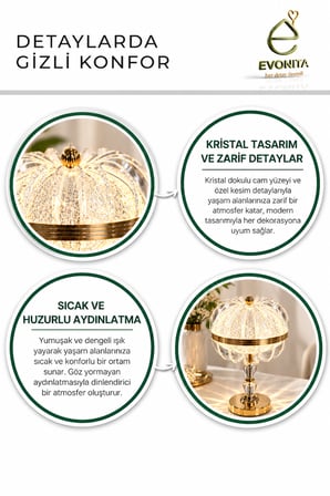 EVONITA Kristal LED Masa Lambası Gold – Dekoratif Işıltılı Abajur Modern Salon ve Komodin Lambası