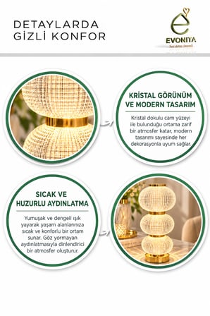 EVONITA Kristal LED Masa Lambası Gold – Dekoratif Işıltılı Abajur Modern Salon ve Komodin Lambası