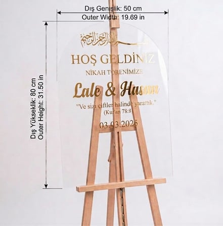 Kişiselleştirilmiş 50x80 cm Şeffaf Pleksi Düğün Karşılama Panosu Büyük Boy - Gold Yazılı