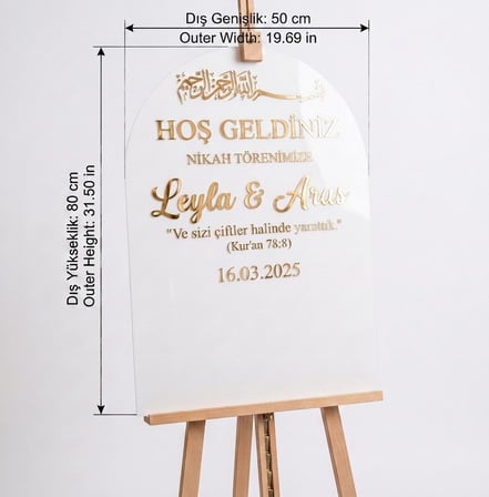 Beyaz Akrilik Düğün Karşılama Panosu 50x80 cm Gold Yazılı Büyük Boy