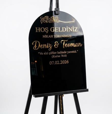Siyah Akrilik Düğün Karşılama Panosu | 50x80 cm Gold Yazılı Nikah Tabelası Büyük Boy