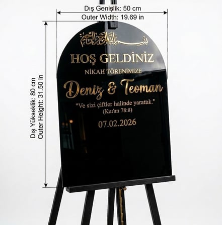 Siyah Akrilik Düğün Karşılama Panosu | 50x80 cm Gold Yazılı Nikah Tabelası Büyük Boy