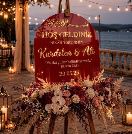 Bordo Akrilik Düğün Karşılama Panosu | 50x80 cm Gold Yazılı Nikah Tabelası Büyük Boy