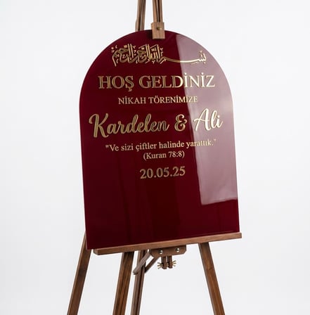 Bordo Akrilik Düğün Karşılama Panosu | 50x80 cm Gold Yazılı Nikah Tabelası Büyük Boy
