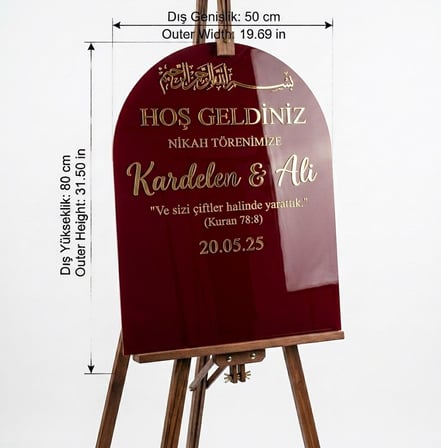 Bordo Akrilik Düğün Karşılama Panosu | 50x80 cm Gold Yazılı Nikah Tabelası Büyük Boy