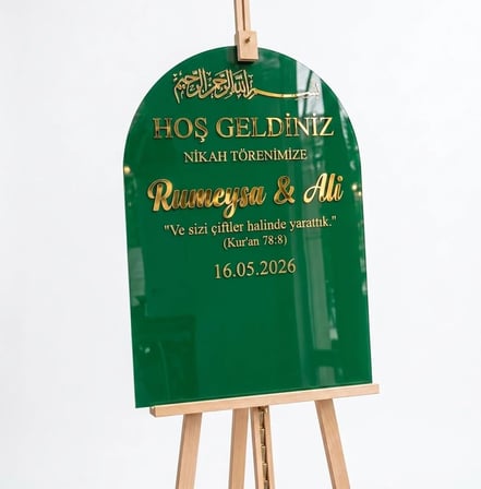 Zümrüt Yeşil Akrilik Düğün Karşılama Panosu | 50x80 cm Gold Yazılı Nikah Tabelası Büyük Boy