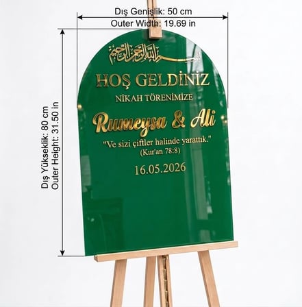 Zümrüt Yeşil Akrilik Düğün Karşılama Panosu | 50x80 cm Gold Yazılı Nikah Tabelası Büyük Boy