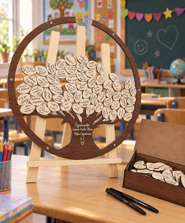 Kişiye Özel Ceviz Ahşap Hayat Ağacı Öğretmenler Günü Yuvarlak Anı Kutusu (50cm)