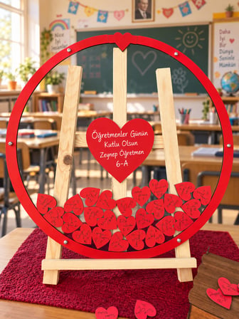 Kişiye Özel Kırmızı Yuvarlak Öğretmenler Günü Anı Kutusu (50cm) (İçi Kalp İsimlikli)
