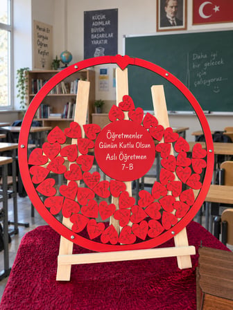 Kişiye Özel Kırmızı Yuvarlak Öğretmenler Günü Anı Kutusu (50cm) (İçi Yuvarlak İsimlikli)
