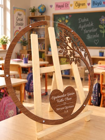 Kişiye Özel Ceviz Ahşap Dal Desenli Yuvarlak Öğretmenler Günü Anı Kutusu (50cm)